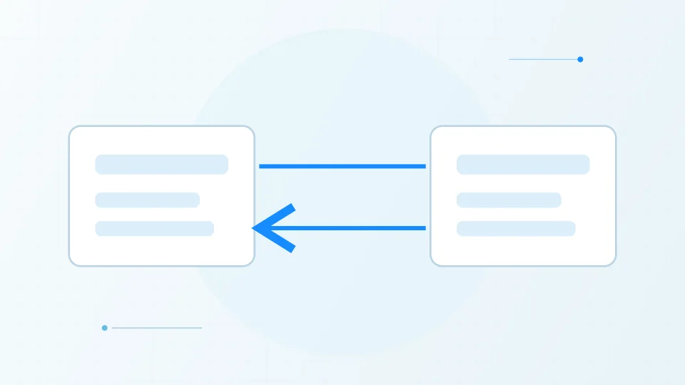 Original illustration of two business software systems exchanging structured information through an API.